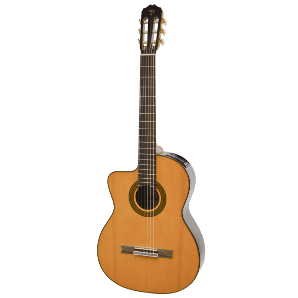 Front view of a left-handed Takamine GC5CENATLH acoustic-electric classical guitar featuring a natural finish, solid top, nylon strings, and a cutaway.