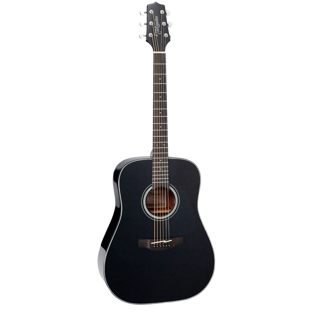 Front view of a Takamine GD30BLK dreadnought acoustic guitar featuring a high-gloss black finish and a traditional non-cutaway body.