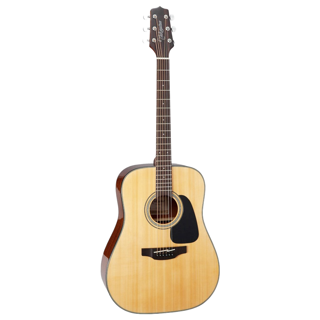 Full-length view of a Takamine GD30NAT dreadnought acoustic guitar featuring a natural gloss finish and a solid light wood spruce top.