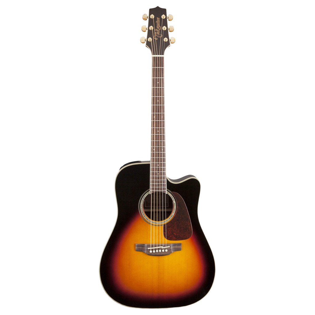 Front angled view of a Takamine GD71CEBSB dreadnought acoustic-electric guitar featuring a brown sunburst finish, solid spruce top, and cutaway.