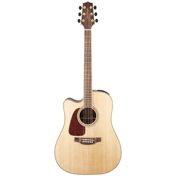 Front view of a left-handed Takamine GD93CENATLH dreadnought acoustic-electric guitar featuring a solid spruce top, natural finish, and cutaway.