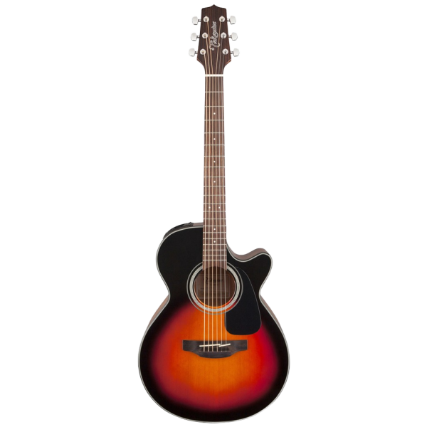 Front view of a compact Takamine GF30CEBSB FXC acoustic-electric guitar featuring a brown sunburst finish, solid top, and a deep cutaway.