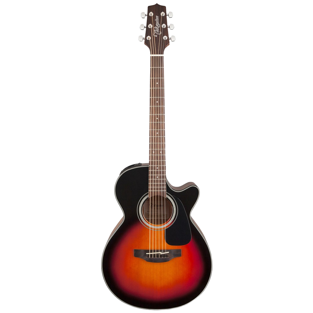 Front view of a compact Takamine GF30CEBSB FXC acoustic-electric guitar featuring a brown sunburst finish, solid top, and a deep cutaway.