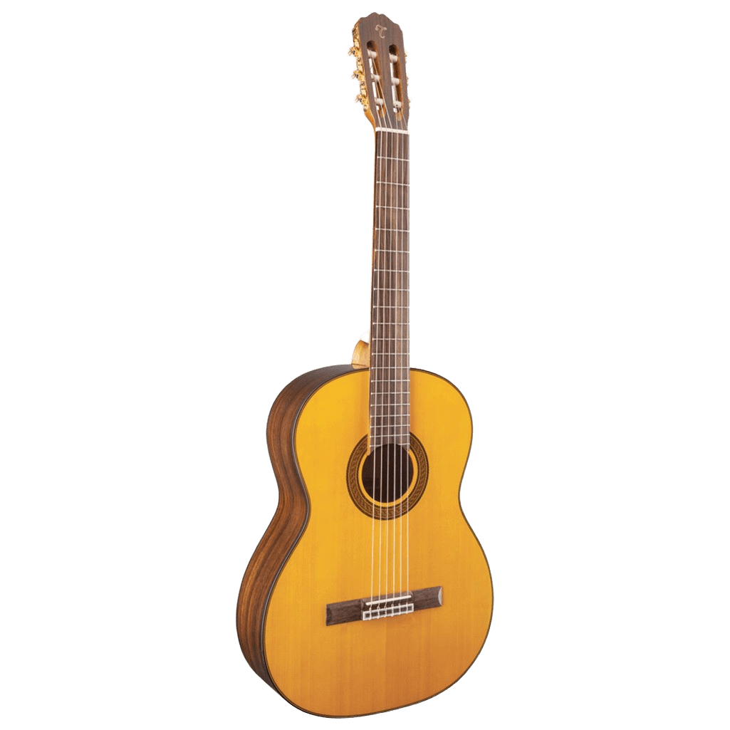 Front view of a Takamine GC5NAT classical guitar featuring a natural gloss finish, solid spruce top, and traditional nylon strings.