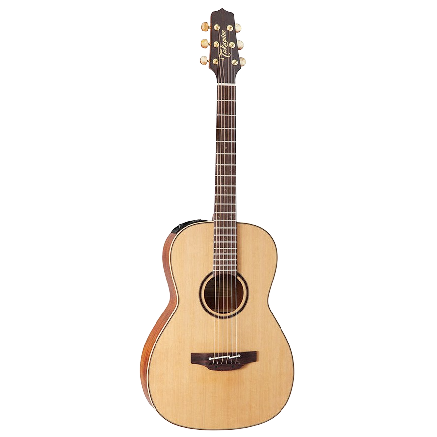 Front angled view of a Takamine CP3NYK Custom Pro Series 3 New Yorker acoustic-electric guitar featuring a compact body and figured koa wood