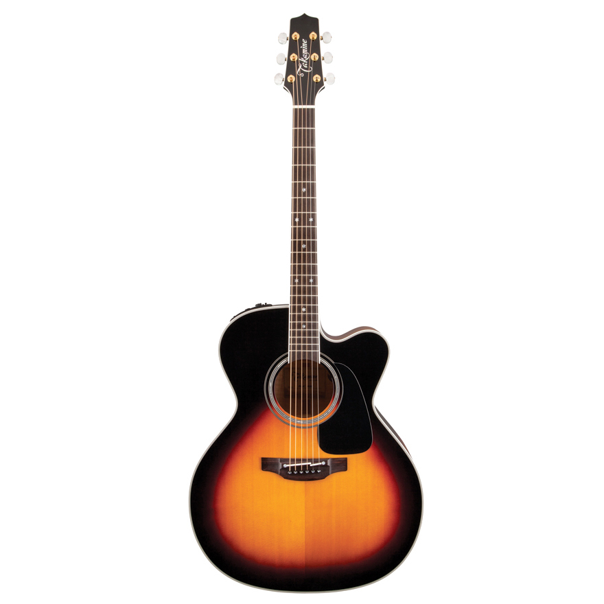 Front view of a Takamine P6JCBSB Pro Series 6 jumbo acoustic-electric guitar featuring a rich brown sunburst finish, solid spruce top, and cutaway.