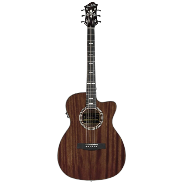 A front-facing view of a Hagstrom Mora II Series Concert acoustic guitar featuring a dark wood finish, a single cutaway body, a dark fretboard with pearl inlay markers, a dark bridge, and an intricately designed headstock with six tuning pegs.