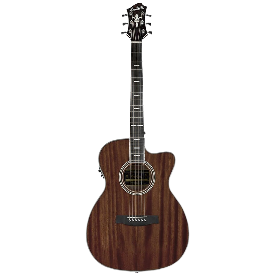 A front-facing view of a Hagstrom Mora II Series Concert acoustic guitar featuring a dark wood finish, a single cutaway body, a dark fretboard with pearl inlay markers, a dark bridge, and an intricately designed headstock with six tuning pegs.