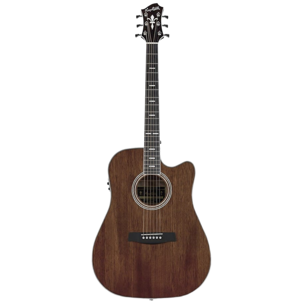 A front-facing view of a Hagstrom Mora II Series Dreadnought acoustic guitar featuring a dark wood finish, a single cutaway body shape, a dark fretboard with block inlays, a dark bridge, and a dark headstock with six tuning pegs.