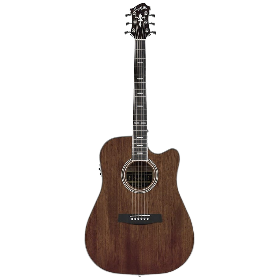 A front-facing view of a Hagstrom Mora II Series Dreadnought acoustic guitar featuring a dark wood finish, a single cutaway body shape, a dark fretboard with block inlays, a dark bridge, and a dark headstock with six tuning pegs.