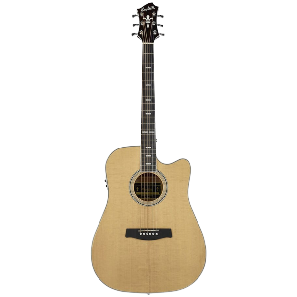 A front-facing view of a Hagstrom Siljan II Series Dreadnought acoustic guitar featuring a natural light wood top, a single cutaway, a dark fretboard with intricate inlays, a dark bridge, and a dark headstock with six tuning pegs.