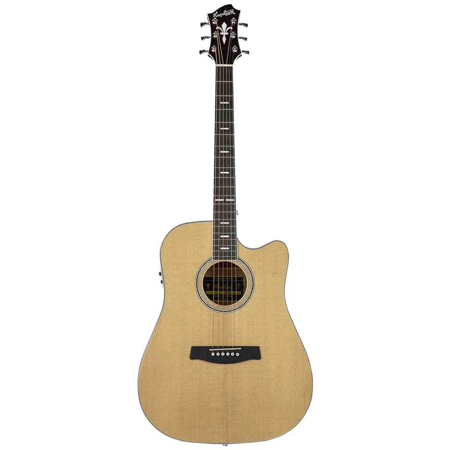 A front-facing view of a Hagstrom Siljan II Series Dreadnought acoustic guitar featuring a natural light wood top, a single cutaway, a dark fretboard with intricate inlays, a dark bridge, and a dark headstock with six tuning pegs.