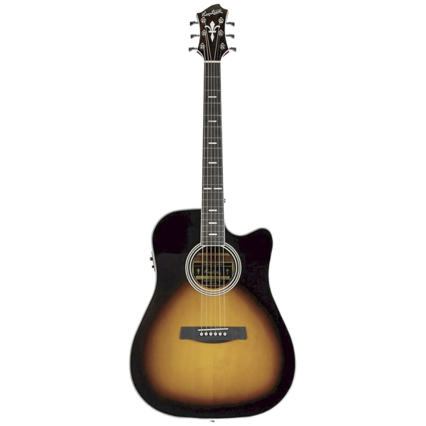A front-facing view of a Hagstrom Siljan II Series Dreadnought acoustic guitar featuring a dark sunburst finish, a single cutaway, a dark fretboard with intricate inlays, a dark bridge, and a dark headstock with six tuning pegs.