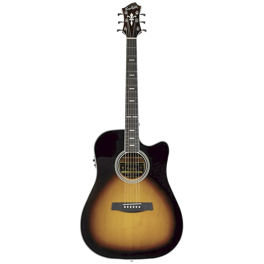 A front-facing view of a Hagstrom Siljan II Series Dreadnought acoustic guitar featuring a dark sunburst finish, a single cutaway, a dark fretboard with intricate inlays, a dark bridge, and a dark headstock with six tuning pegs.