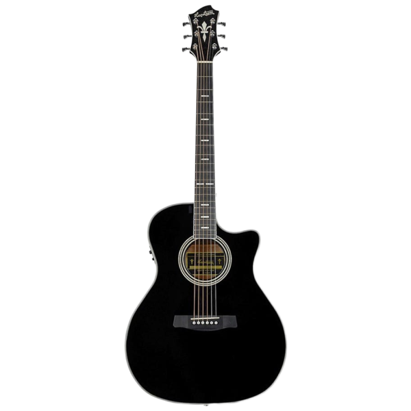 Hagstrom Siljan II Series Grand Auditorium acoustic electric guitar in black finish, featuring a cutaway body and pearloid fretboard inlays.