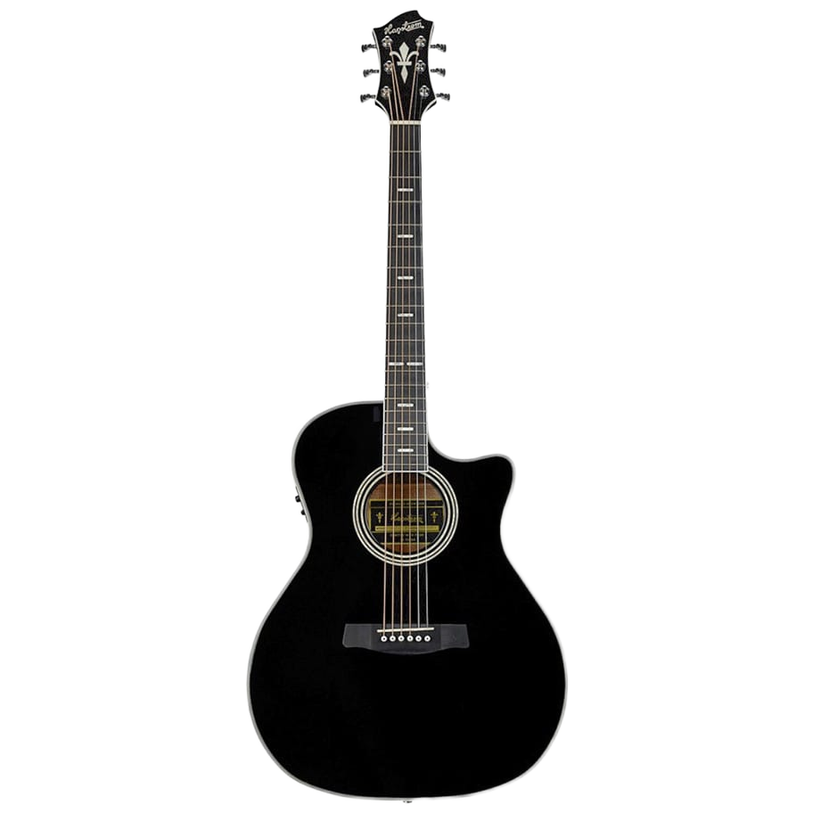 Hagstrom Siljan II Series Grand Auditorium acoustic electric guitar in black finish, featuring a cutaway body and pearloid fretboard inlays.