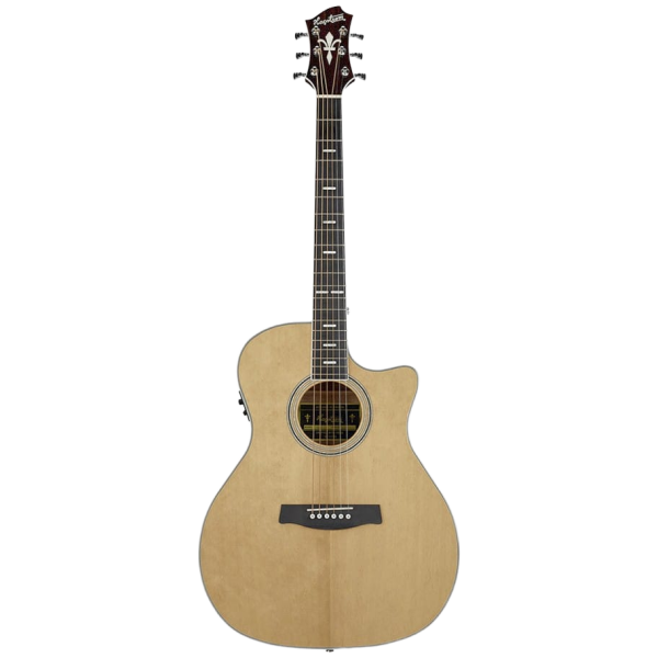 A front-facing view of a Hagstrom Siljan II Series Grand Auditorium acoustic guitar featuring a natural light wood finish, a single cutaway body, a dark fretboard with inlays, a dark bridge, and a dark headstock with six tuning machines.