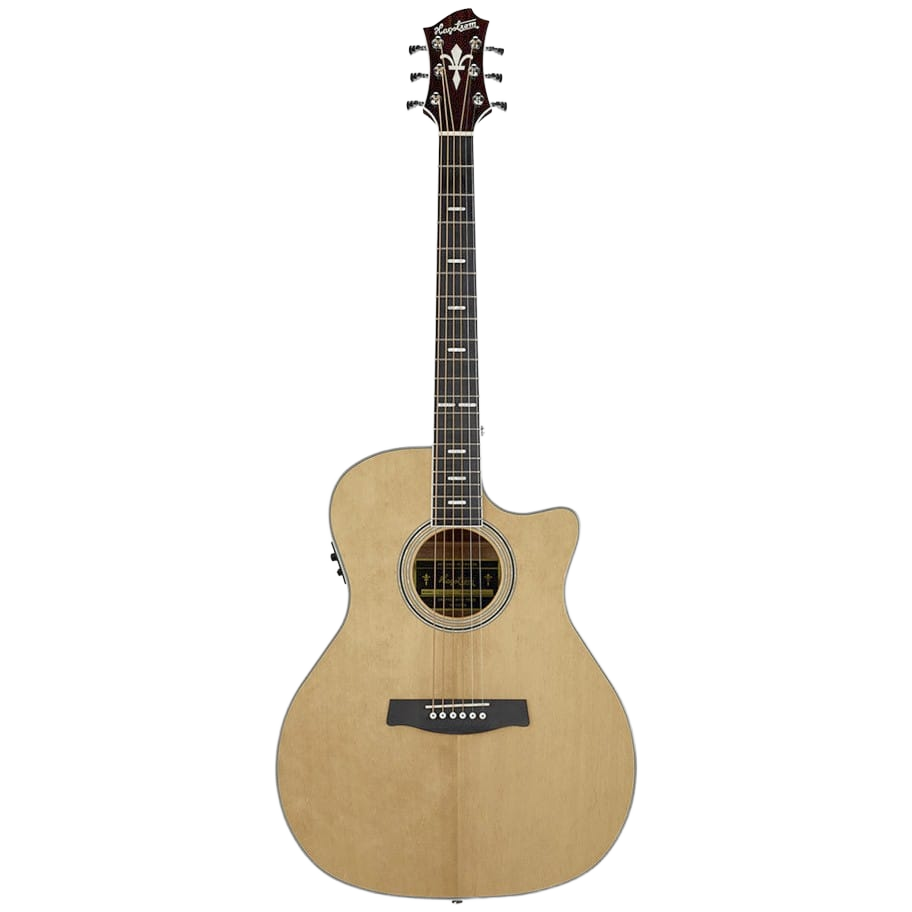 A front-facing view of a Hagstrom Siljan II Series Grand Auditorium acoustic guitar featuring a natural light wood finish, a single cutaway body, a dark fretboard with inlays, a dark bridge, and a dark headstock with six tuning machines.
