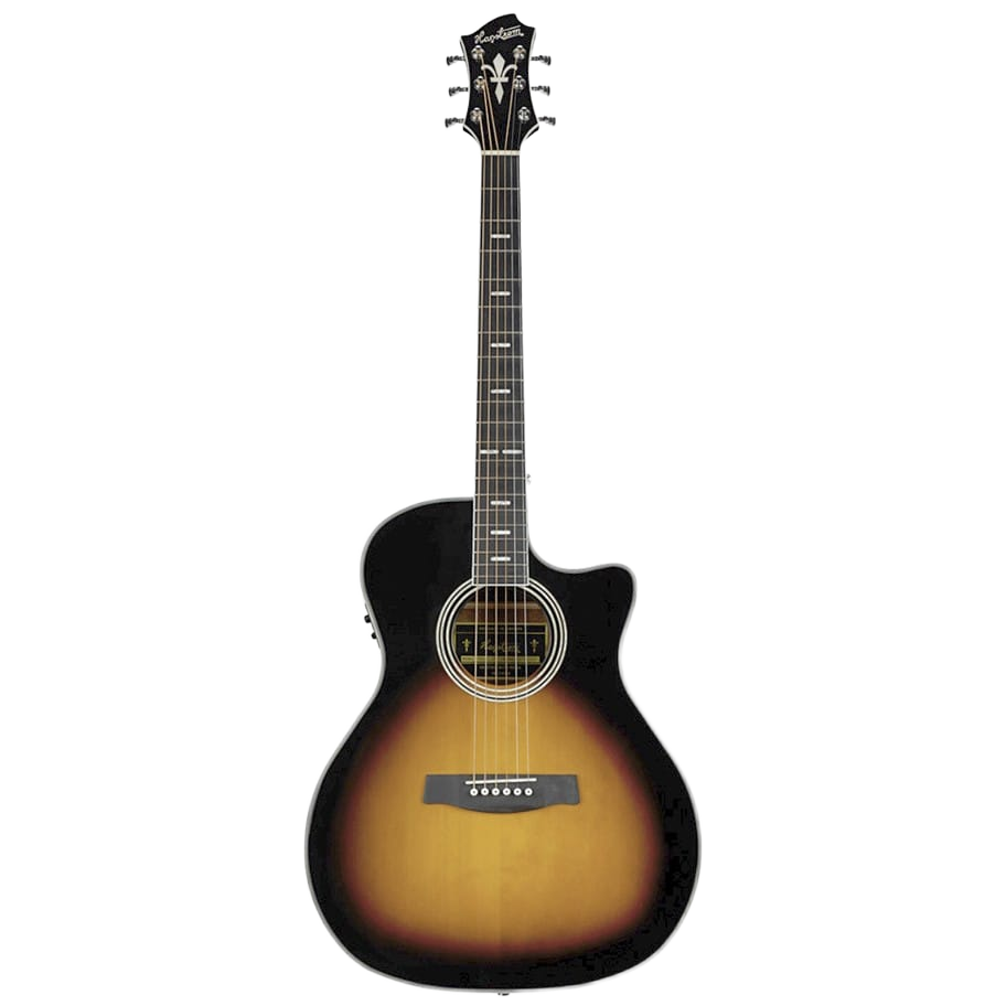 Hagstrom Siljan II Series Grand Auditorium acoustic electric guitar in sunburst finish, showing the front body, cutaway, and fretboard. Hagstrom Siljan II Series Grand Auditorium acoustic electric guitar in sunburst finish, showing the front body, cutaway, and fretboard.