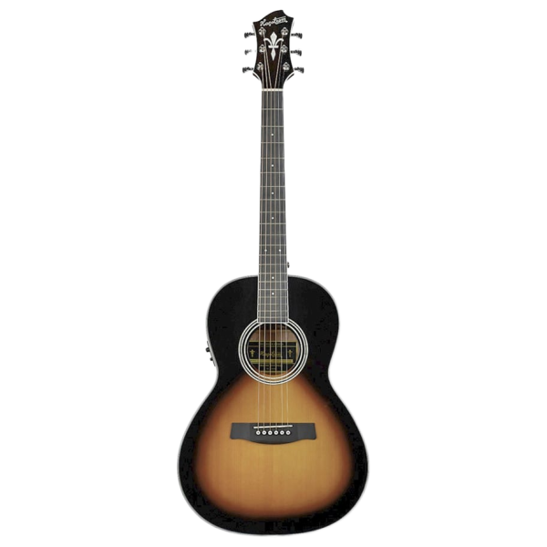 A front-facing view of a Hagstrom Seafarer II Series Parlor acoustic guitar featuring a dark sunburst finish, a compact non-cutaway body shape, a dark fretboard with dot inlays, a dark bridge, and a dark headstock with six tuning machines.