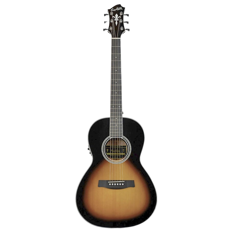A front-facing view of a Hagstrom Seafarer II Series Parlor acoustic guitar featuring a dark sunburst finish, a compact non-cutaway body shape, a dark fretboard with dot inlays, a dark bridge, and a dark headstock with six tuning machines.