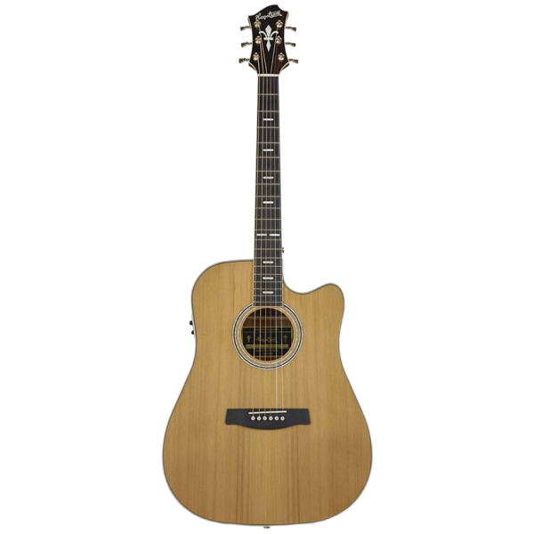 A natural wood dreadnought acoustic guitar with a lower body cutaway, a dark fretboard with block inlays, and a classic six-pin bridge .