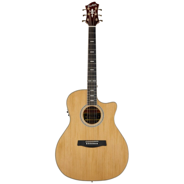 A grand auditorium style acoustic guitar featuring a natural wood top, a body cutaway, block fretboard inlays, and an ornate headstock .