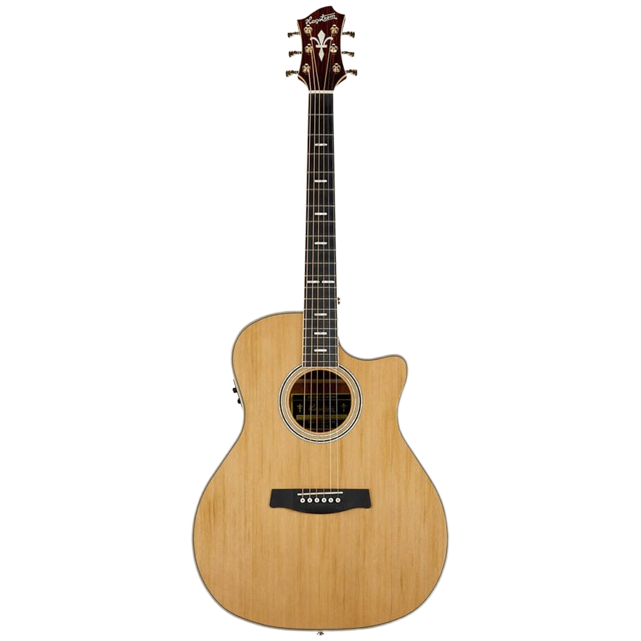 A grand auditorium style acoustic guitar featuring a natural wood top, a body cutaway, block fretboard inlays, and an ornate headstock .