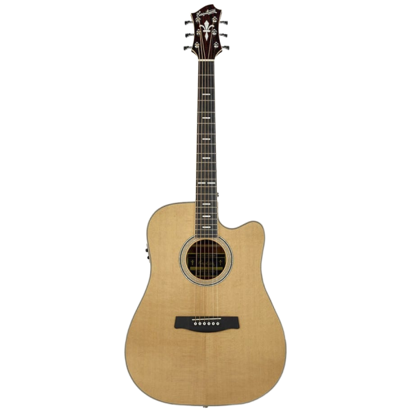 A front-facing view of a Hagstrom Orsa Series Dreadnought acoustic guitar featuring a natural light wood top, a single cutaway body, a dark fretboard with block inlays, a dark bridge, and a detailed dark headstock with six tuning machines.