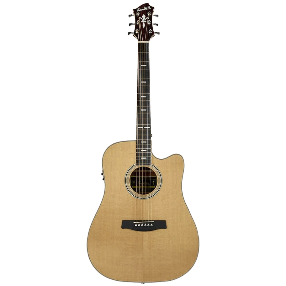 A front-facing view of a Hagstrom Orsa Series Dreadnought acoustic guitar featuring a natural light wood top, a single cutaway body, a dark fretboard with block inlays, a dark bridge, and a detailed dark headstock with six tuning machines.