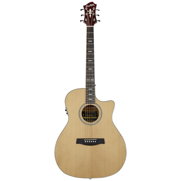 A front-facing view of a Hagstrom Orsa Series Grand Auditorium acoustic guitar featuring a natural light wood finish, a single cutaway, a dark fretboard with inlaid markers, a dark bridge, and a dark headstock with six tuning pegs.