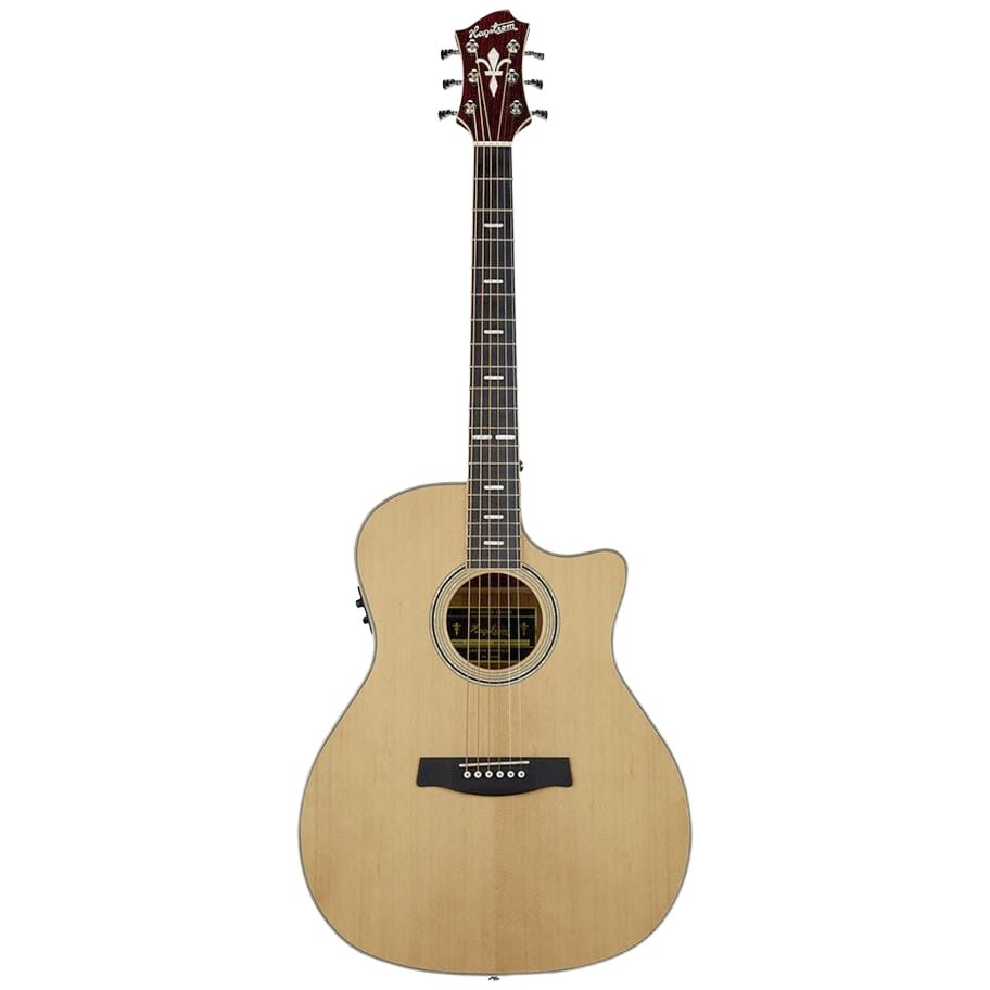 A front-facing view of a Hagstrom Orsa Series Grand Auditorium acoustic guitar featuring a natural light wood finish, a single cutaway, a dark fretboard with inlaid markers, a dark bridge, and a dark headstock with six tuning pegs.