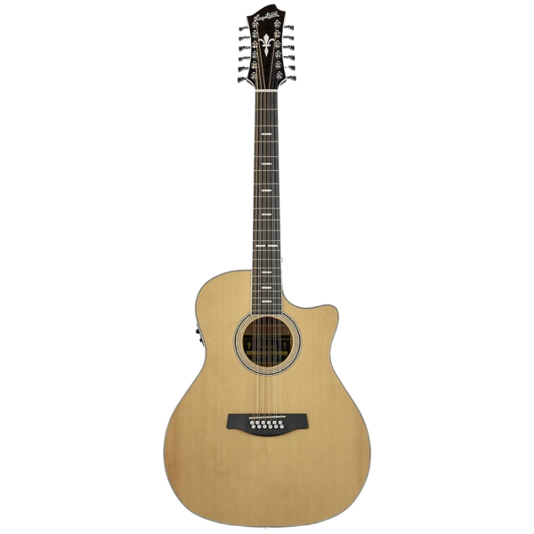 A front-facing view of a Hagstrom Siljan II Series 12-String Grand Auditorium acoustic guitar featuring a natural light wood top, a single cutaway, a dark fretboard with inlays, a dark bridge, and an elongated dark headstock with twelve tuning pegs.