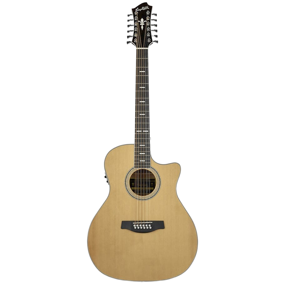 A front-facing view of a Hagstrom Siljan II Series 12-String Grand Auditorium acoustic guitar featuring a natural light wood top, a single cutaway, a dark fretboard with inlays, a dark bridge, and an elongated dark headstock with twelve tuning pegs.
