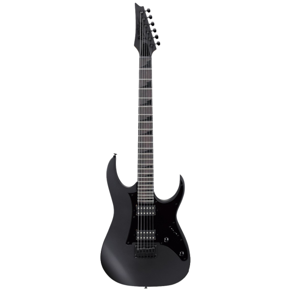 Ibanez RG Series RGR131EX BKF electric guitar body and neck showing dual humbuckers, hardtail bridge, and black flat finish.