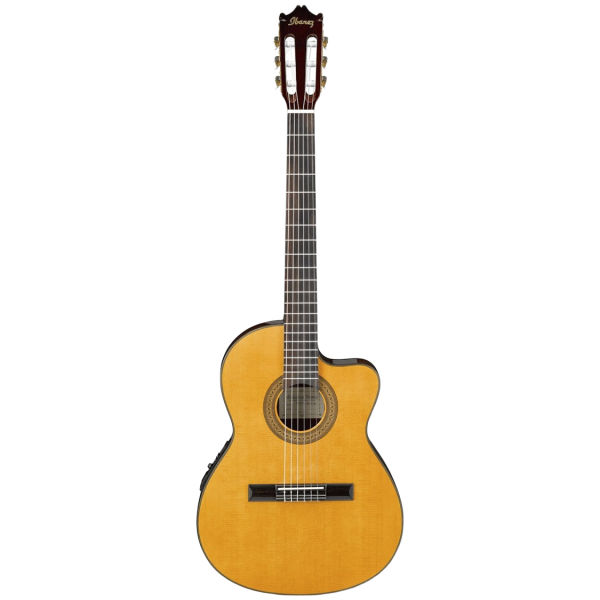 Full frontal view of the Ibanez GA5TCE thinline acoustic-electric classical guitar, featuring a natural spruce top, a single rounded cutaway, a traditional classical rosette, a slotted headstock, and a side-mounted preamp, isolated against a white background.