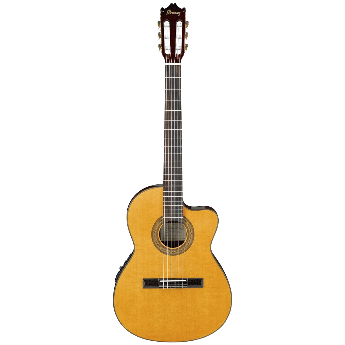 Full frontal view of the Ibanez GA5TCE thinline acoustic-electric classical guitar, featuring a natural spruce top, a single rounded cutaway, a traditional classical rosette, a slotted headstock, and a side-mounted preamp, isolated against a white background.
