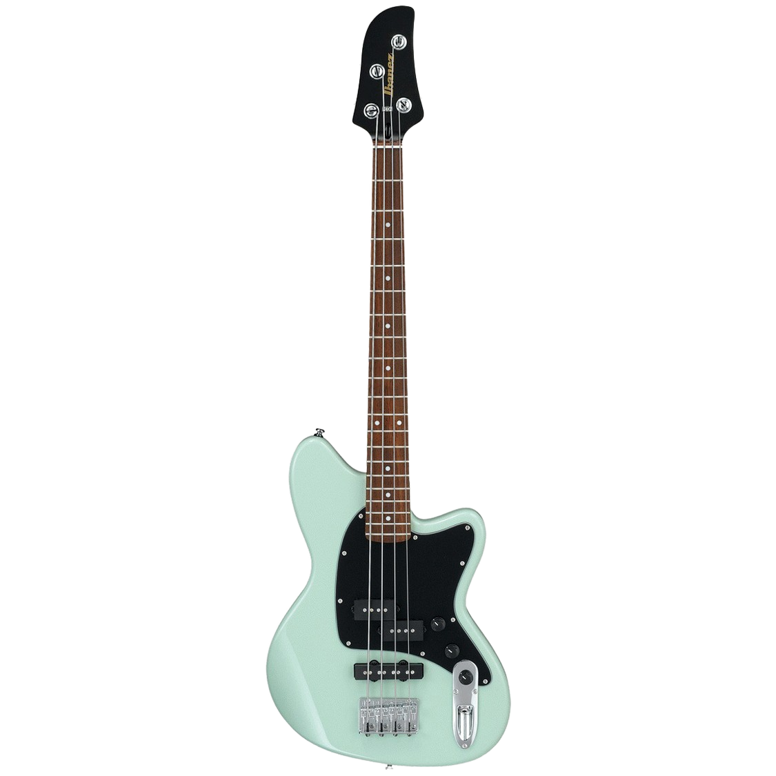 Ibanez TMB30 MGR short-scale bass guitar in Mint Green featuring a P/J pickup layout and a lightweight poplar body.