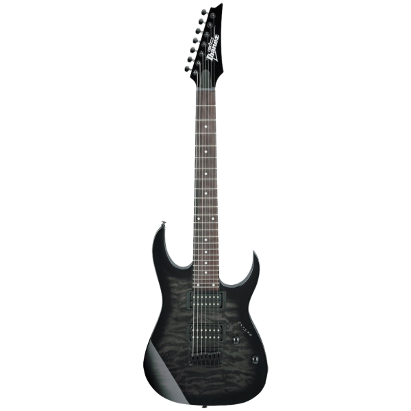 Ibanez RG7221QA TKS 7-string electric guitar displaying a Transparent Black Sunburst quilted maple top and extended range neck.