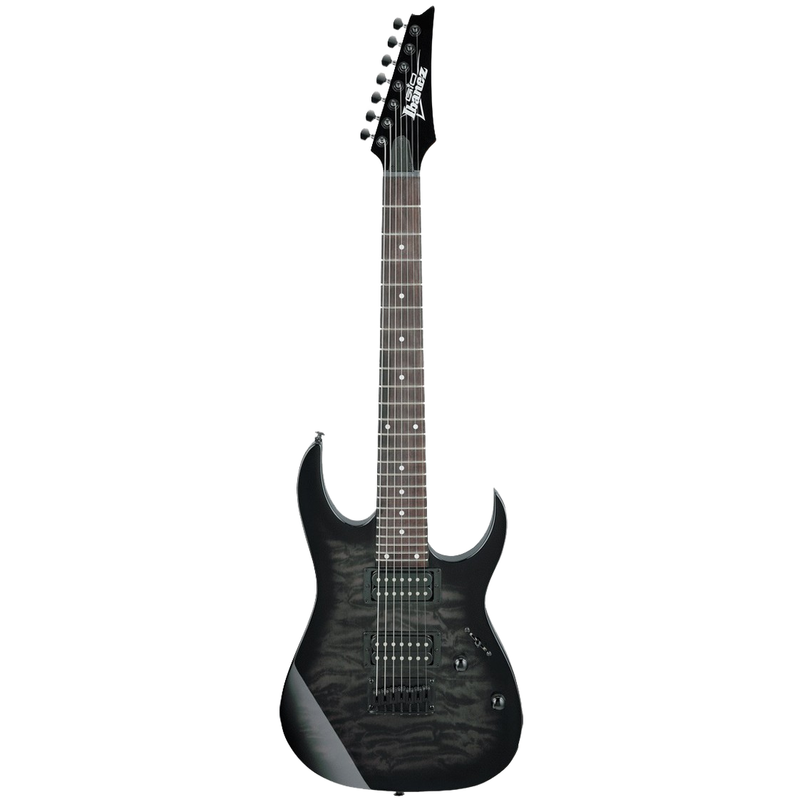 Ibanez RG7221QA TKS 7-string electric guitar displaying a Transparent Black Sunburst quilted maple top and extended range neck.