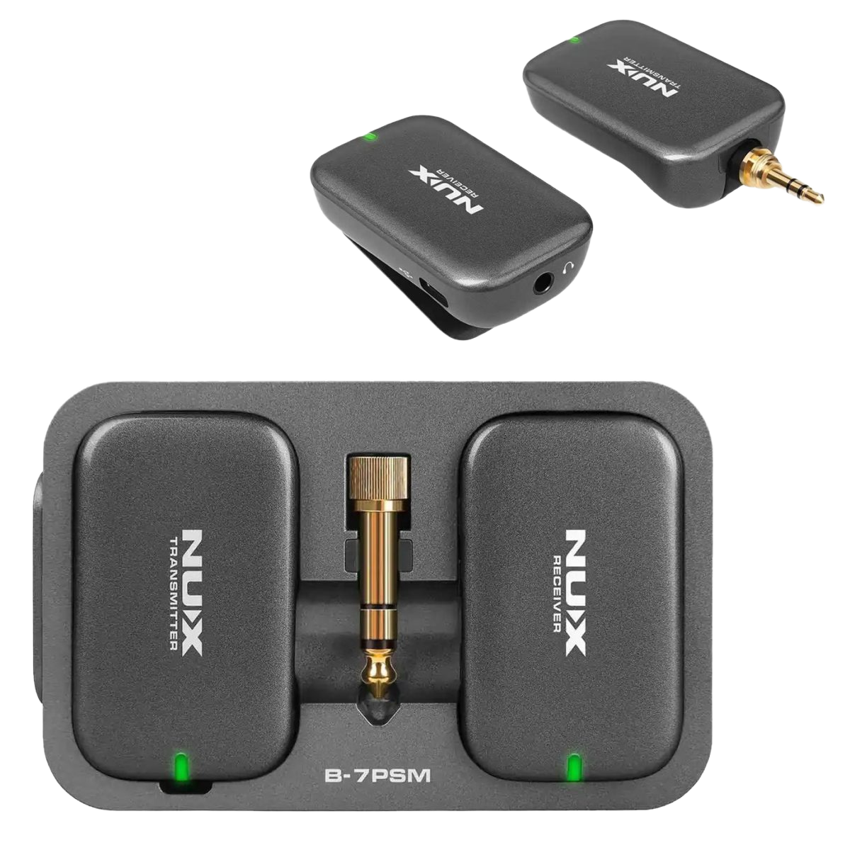 NUX B7PSM wireless in-ear monitor system showing the grey transmitter and receiver units alongside a grey molded charging case holding a gold-plated quarter-inch audio adapter.