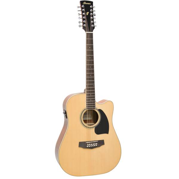 Ibanez PF1512ECE NT 12-string acoustic guitar showing an extended headstock, dreadnought cutaway body, and spruce top.