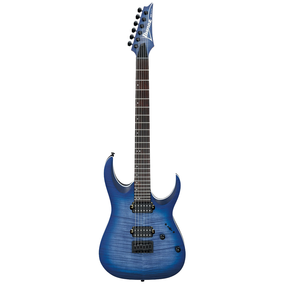 Ibanez RGA42FM BLF electric guitar in Blue Lagoon Burst Flat featuring an arched top and a dual-humbucker configuration.