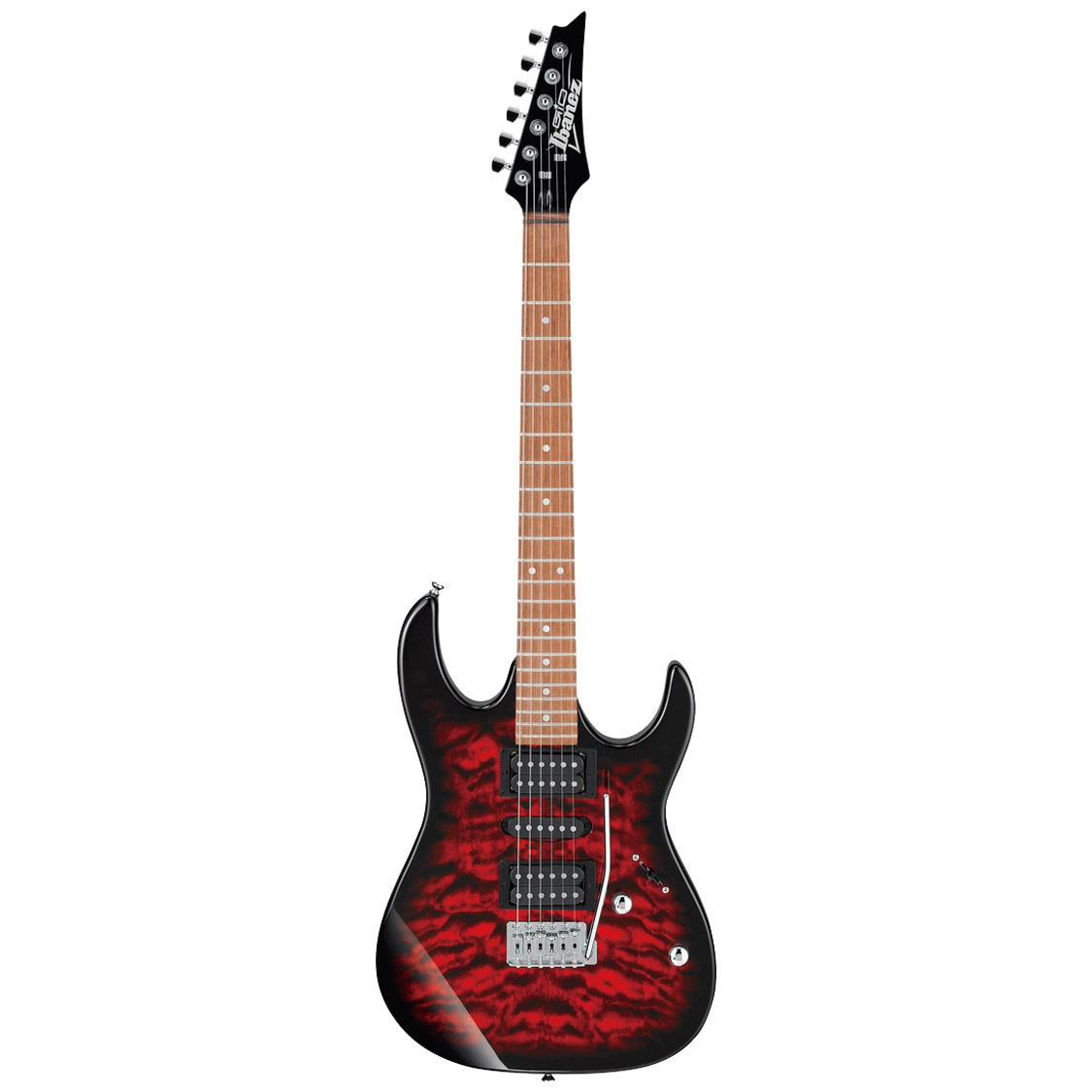 Ibanez RX70QA TRB electric guitar with a Transparent Red Burst quilted maple top and a contoured double-cutaway body.