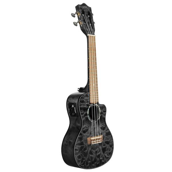 A black stained quilted maple concert ukulele with a cutaway body and side-mounted electronics.