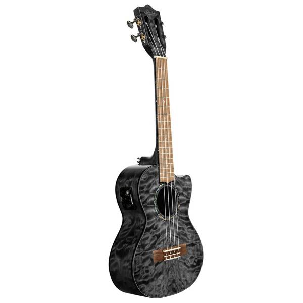 A black stained quilted maple tenor ukulele with a cutaway body design and side-mounted electronics.