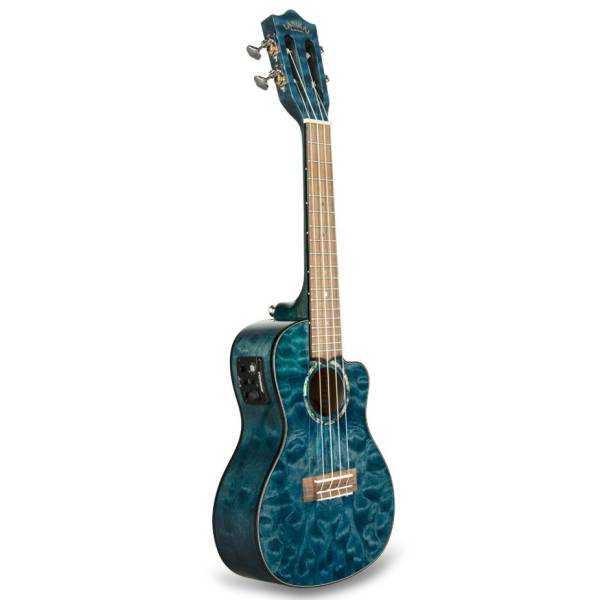 A Lanikai QMBLCEC concert ukulele featuring a translucent blue quilted maple finish, a body cutaway, a slotted headstock with open-gear tuners, and a side-mounted Fishman electronics preamp panel.
