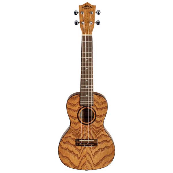 Concert ukulele featuring an oak body with heavily pronounced, wavy wood grain patterns, dark binding, and a dark wood rosette.