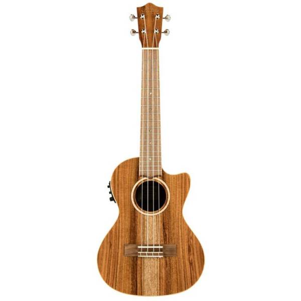 A four-string tenor ukulele with an acacia wood body, a cutaway, and a side-mounted preamp.