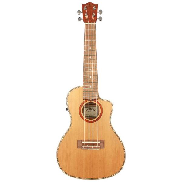 A Lanikai CDSTCEC concert ukulele standing vertically, featuring a cutaway body, light wood grain cedar top, dark wood rosette, and a visible side-mounted electronics panel.